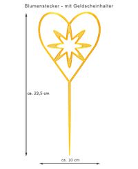 Blumenstecker gelb-goldfarben in Herzform mit Bl&uuml;te und Geldscheinhalter